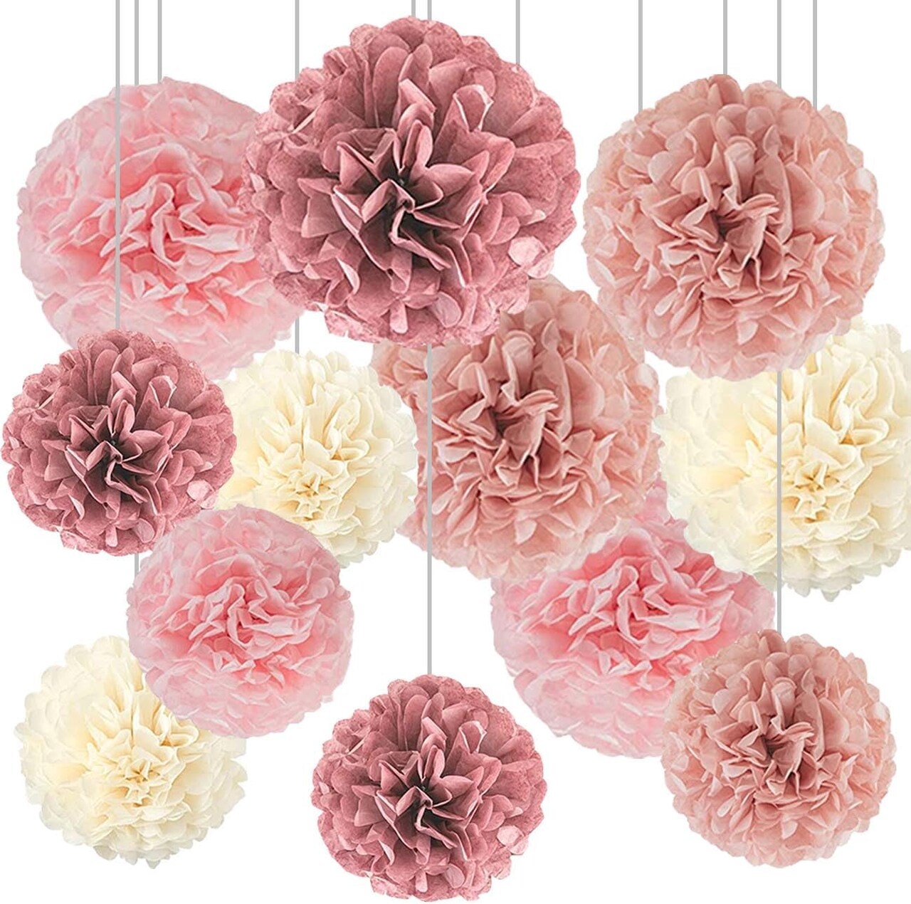 Boho Party Decoration,12pcs Blush Pink, Dusty Rose, Mauve, Cream Tissue Paper Pom Poms,Hanging Paper Flowers for Wedding Bridal Shower Bachelorette Party Decoration